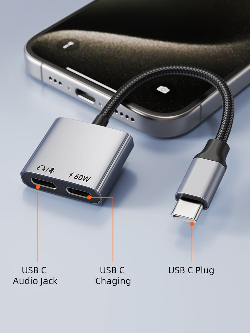 كابل تايم موزع USB-C ثنائي الوظائف، محول USB-C إلى منفذي USB-C لسماعات الرأس والشاحن - Image 5